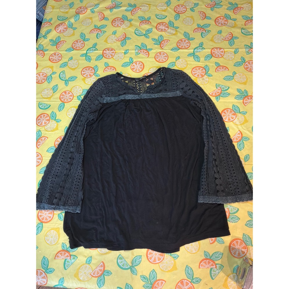 Suzanne Betro Tunic Top Womens Medium Black Crochet Bell Sleeve Boho